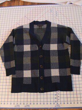 Preswick & Moore V-Neck Cardigan Navy Gray Buffalo Plaid Preppy Petite Medium